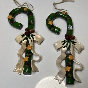 Vintage Hand Painted Ceramic Candy Cane Ornaments Set of 2 w/ Bows & Stars Xmas